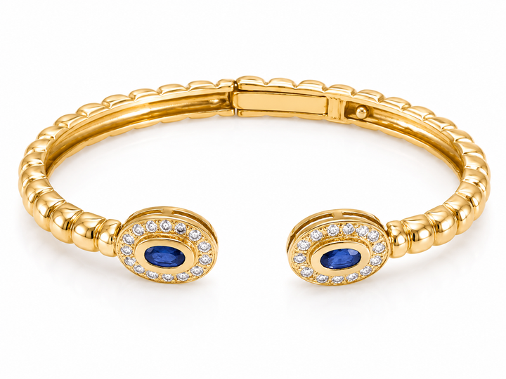 14K YELLOW GOLD SAPPHIRE &amp; DIAMOND OPEN CUFF BRACELET