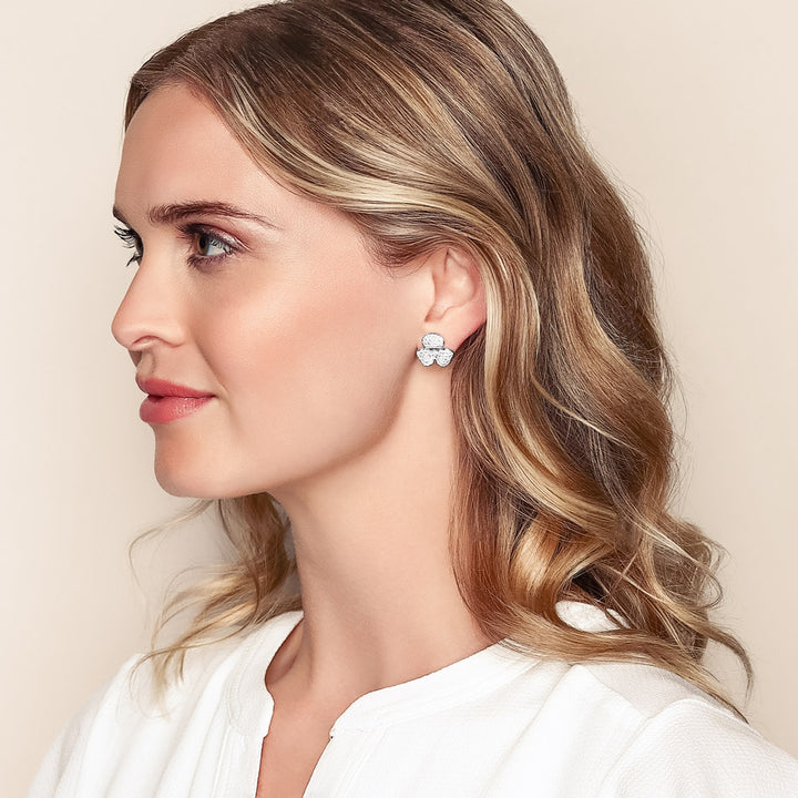 18K WHITE GOLD DIAMOND PAVE 3 PETAL FLOWER STUD EARRINGS