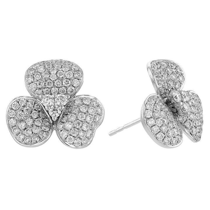 18K WHITE GOLD DIAMOND PAVE 3 PETAL FLOWER STUD EARRINGS