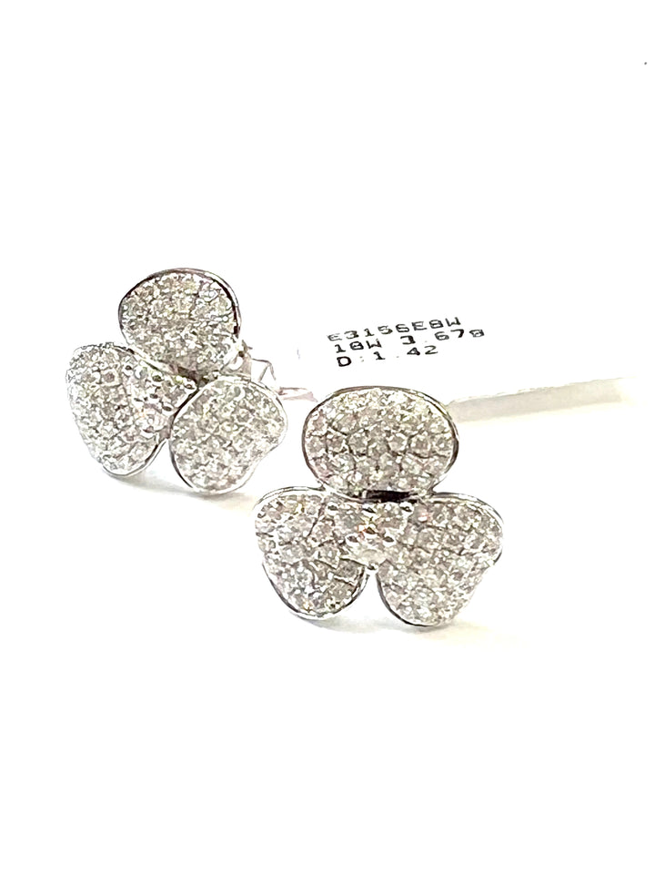18K WHITE GOLD DIAMOND PAVE 3 PETAL FLOWER STUD EARRINGS