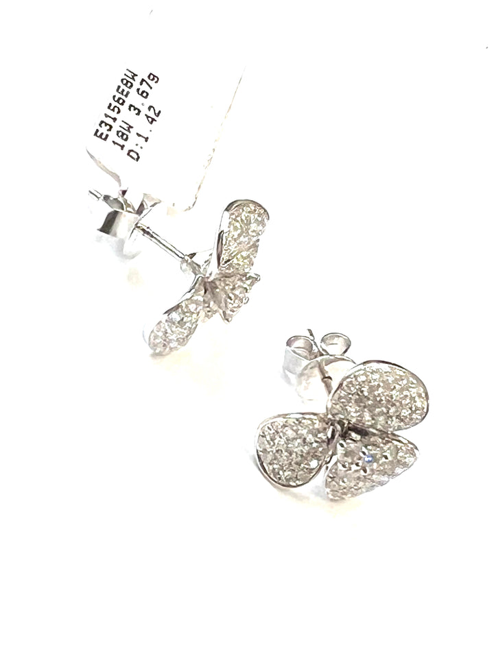 18K WHITE GOLD DIAMOND PAVE 3 PETAL FLOWER STUD EARRINGS
