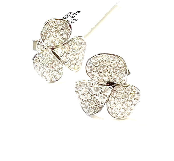 18K WHITE GOLD DIAMOND PAVE 3 PETAL FLOWER STUD EARRINGS