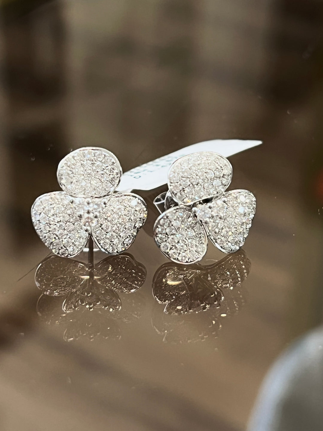 18K WHITE GOLD DIAMOND PAVE 3 PETAL FLOWER STUD EARRINGS