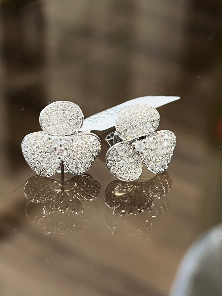 18K WHITE GOLD DIAMOND PAVE 3 PETAL FLOWER STUD EARRINGS