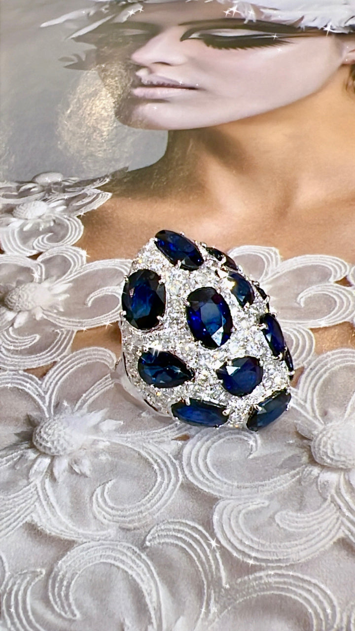 18K WHITE GOLD SAPPHIRE &amp; DIAMONDS STATEMENT RING
