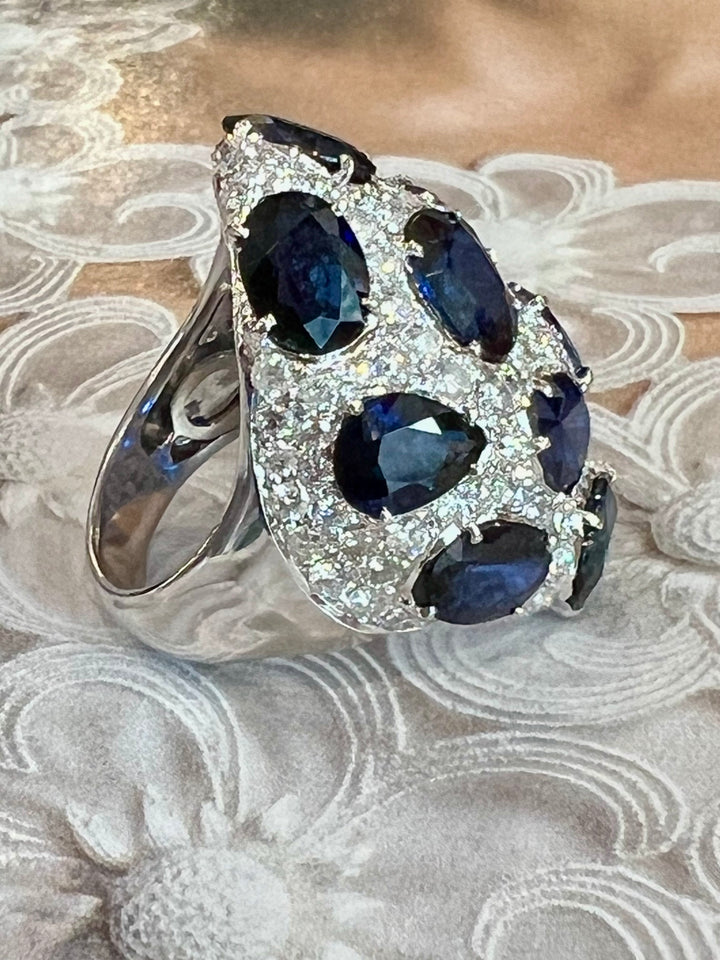 18K WHITE GOLD SAPPHIRE &amp; DIAMONDS STATEMENT RING