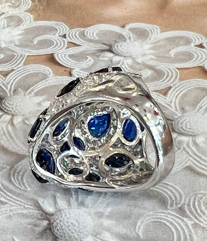 18K WHITE GOLD SAPPHIRE &amp; DIAMONDS STATEMENT RING