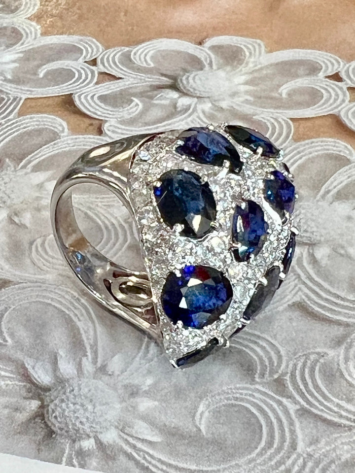 18K WHITE GOLD SAPPHIRE &amp; DIAMONDS STATEMENT RING