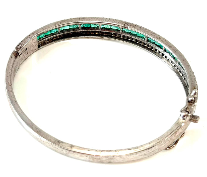 18K WHITE GOLD TRIPLE ROW BAGUETTE EMERALD &amp; DIAMOND BANGLE BRACELET