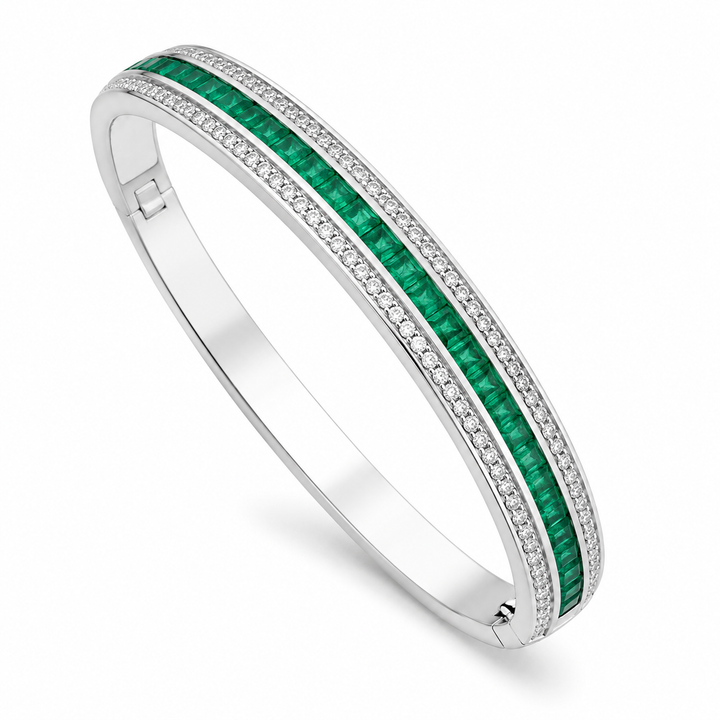 18K WHITE GOLD TRIPLE ROW BAGUETTE EMERALD &amp; DIAMOND BANGLE BRACELET