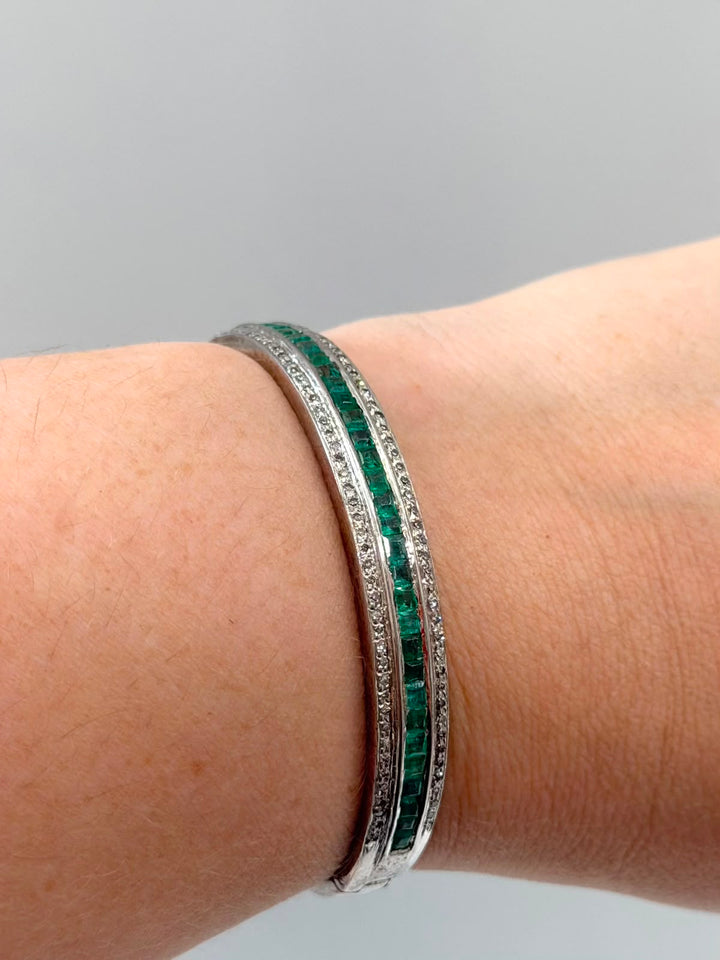 18K WHITE GOLD TRIPLE ROW BAGUETTE EMERALD &amp; DIAMOND BANGLE BRACELET