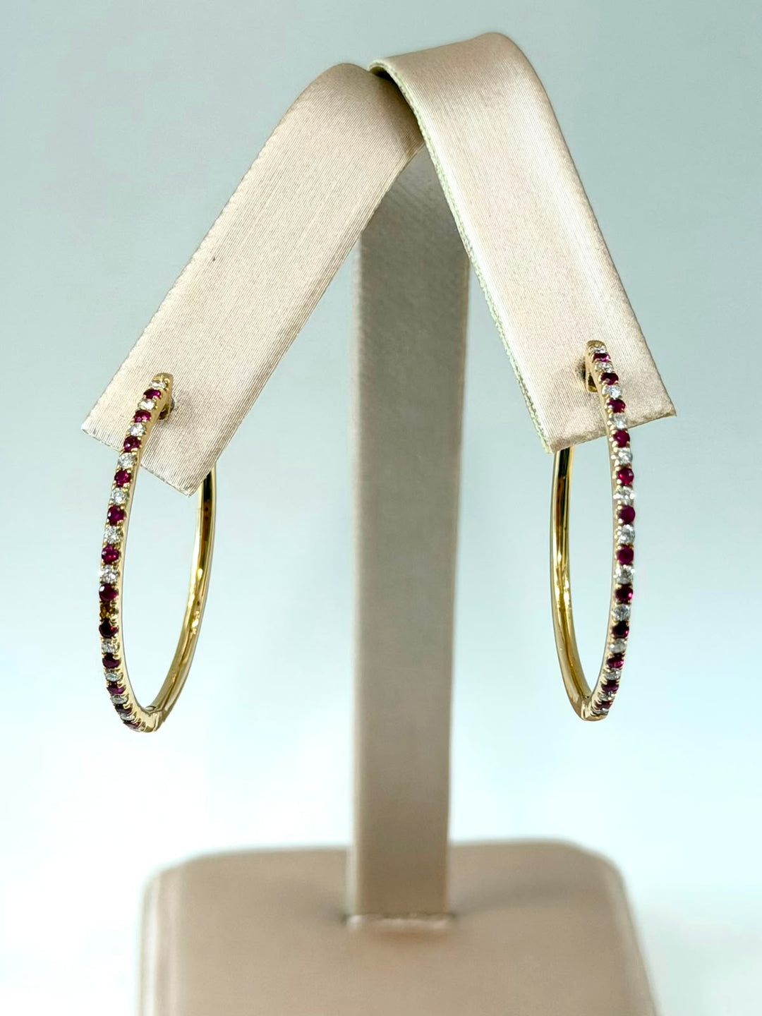 18K YELLOW GOLD RUBY &amp; DIAMOND HOOP EARRINGS