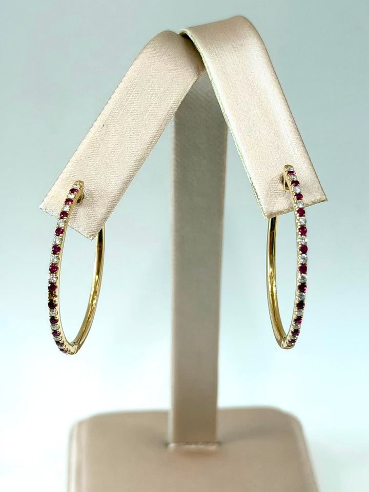 18K YELLOW GOLD RUBY &amp; DIAMOND HOOP EARRINGS