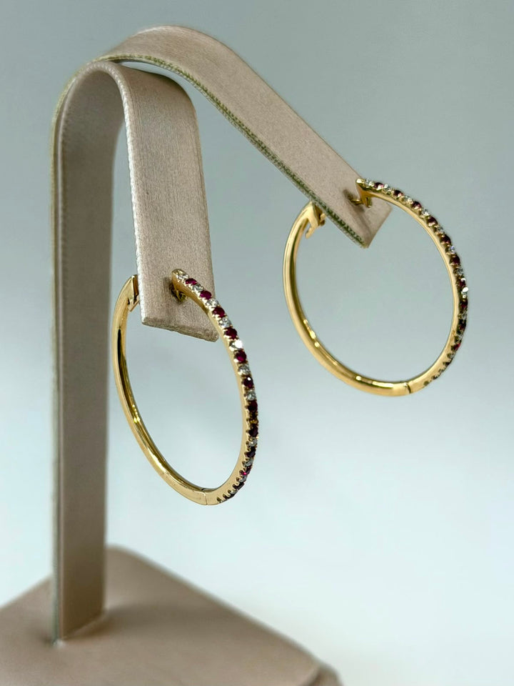 18K YELLOW GOLD RUBY &amp; DIAMOND HOOP EARRINGS