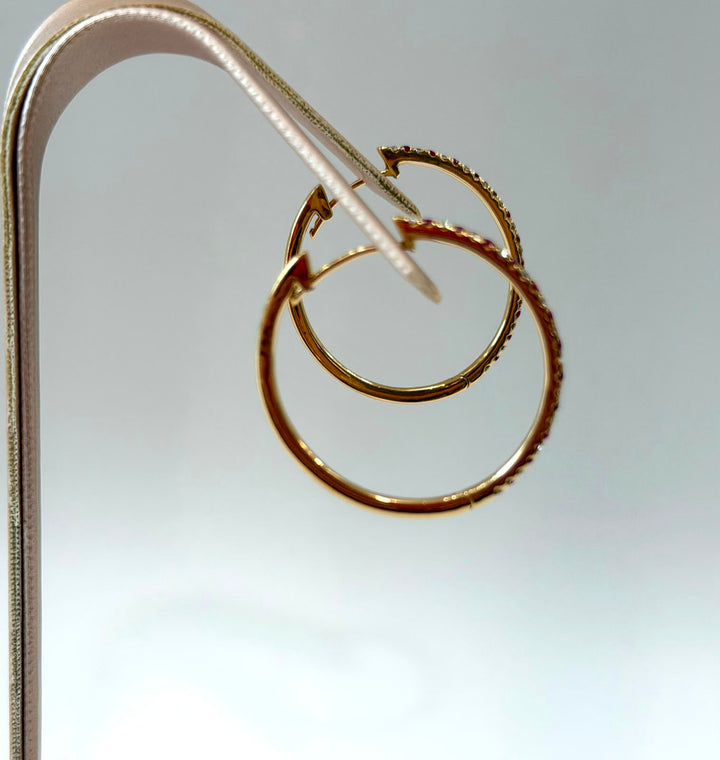 18K YELLOW GOLD RUBY &amp; DIAMOND HOOP EARRINGS