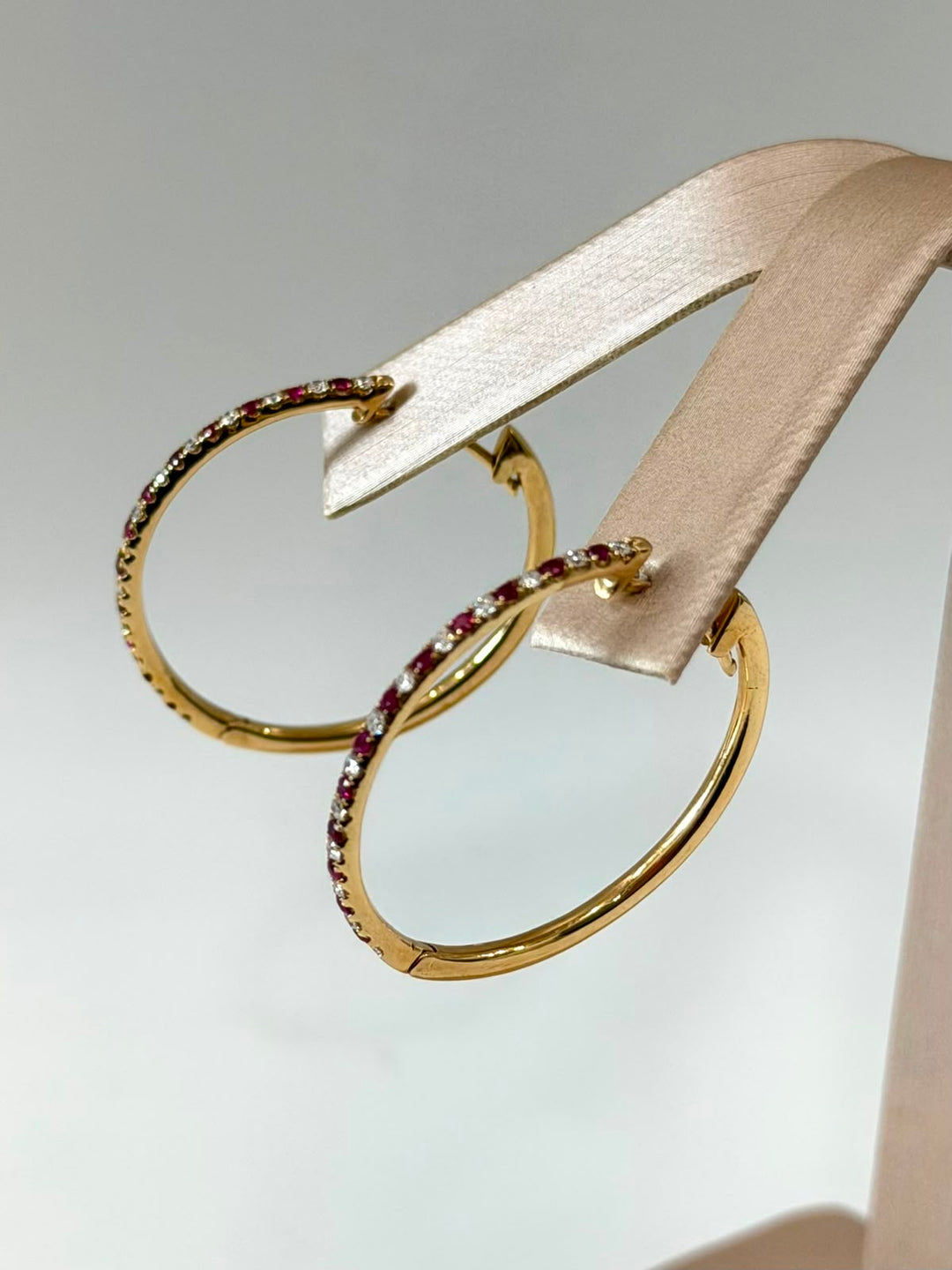 18K YELLOW GOLD RUBY &amp; DIAMOND HOOP EARRINGS