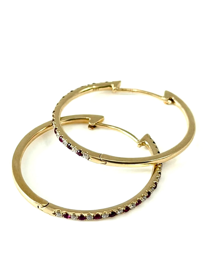 18K YELLOW GOLD RUBY &amp; DIAMOND HOOP EARRINGS