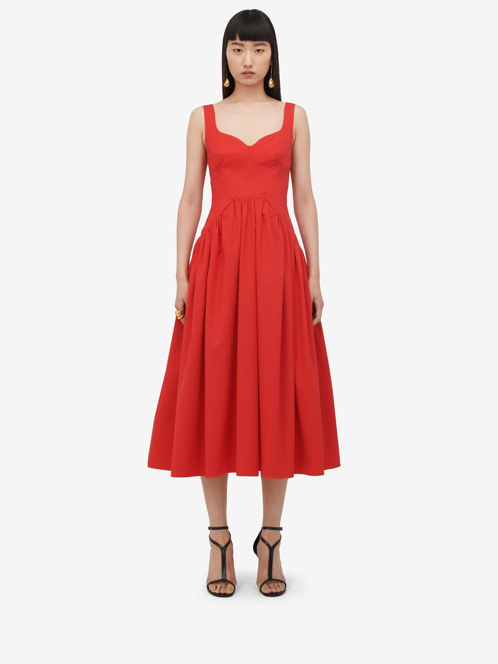 ALEXANDER MCQUEEN SWEETHEART NECKLINE POPLIN MIDI DRESS