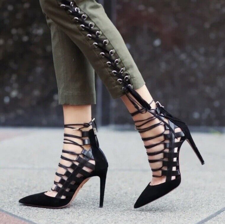 AQUAZZURA AMAZON LACE-UP SUEDE LEATHER TIE UP PUMPS