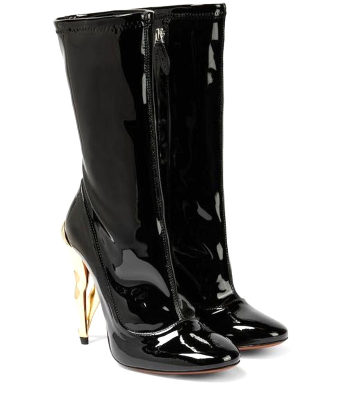 ALAÏA CABARET SCULPTRURAL HEEL PATENT CALFSKIN MID-CALF BOOTS