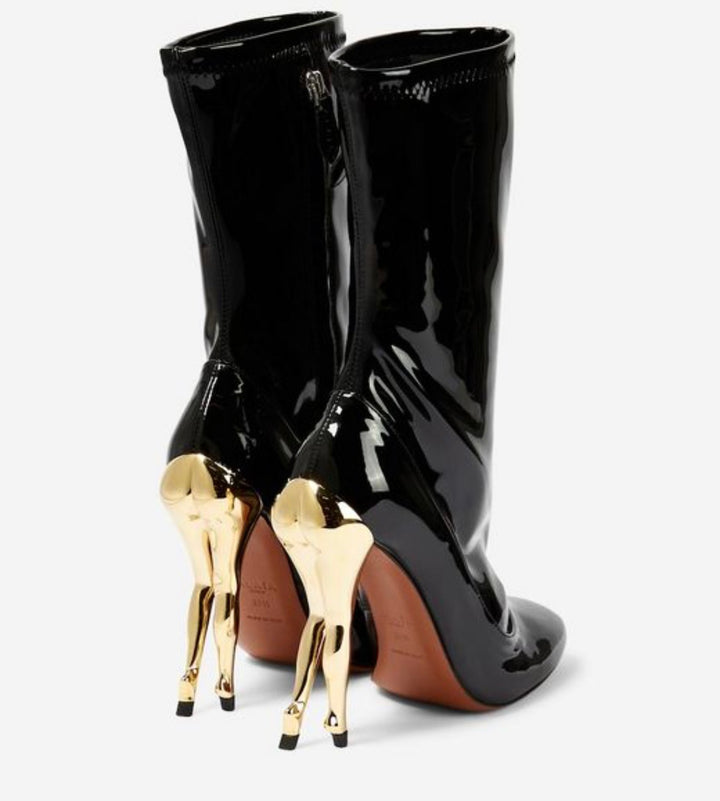 ALAÏA CABARET SCULPTRURAL HEEL PATENT CALFSKIN MID-CALF BOOTS