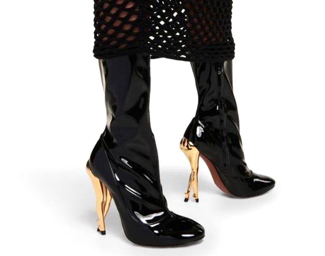 ALAÏA CABARET SCULPTRURAL HEEL PATENT CALFSKIN MID-CALF BOOTS