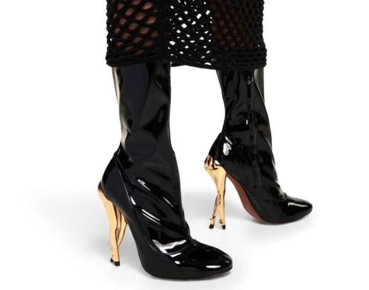 ALAÏA CABARET SCULPTRURAL HEEL PATENT CALFSKIN MID-CALF BOOTS