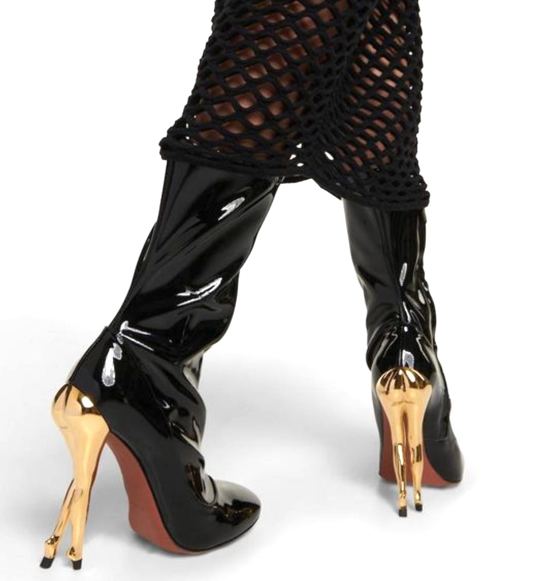 ALAÏA CABARET SCULPTRURAL HEEL PATENT CALFSKIN MID-CALF BOOTS