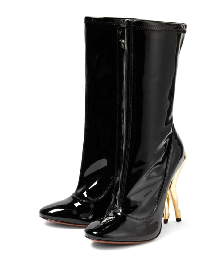 ALAÏA CABARET SCULPTRURAL HEEL PATENT CALFSKIN MID-CALF BOOTS