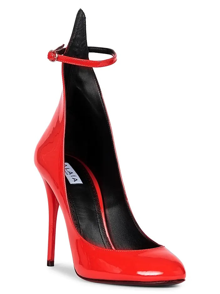 ALAÏA DÉCOLLETÉ 90 PATENT LEATHER ANKLE STRAP PUMPS – RED