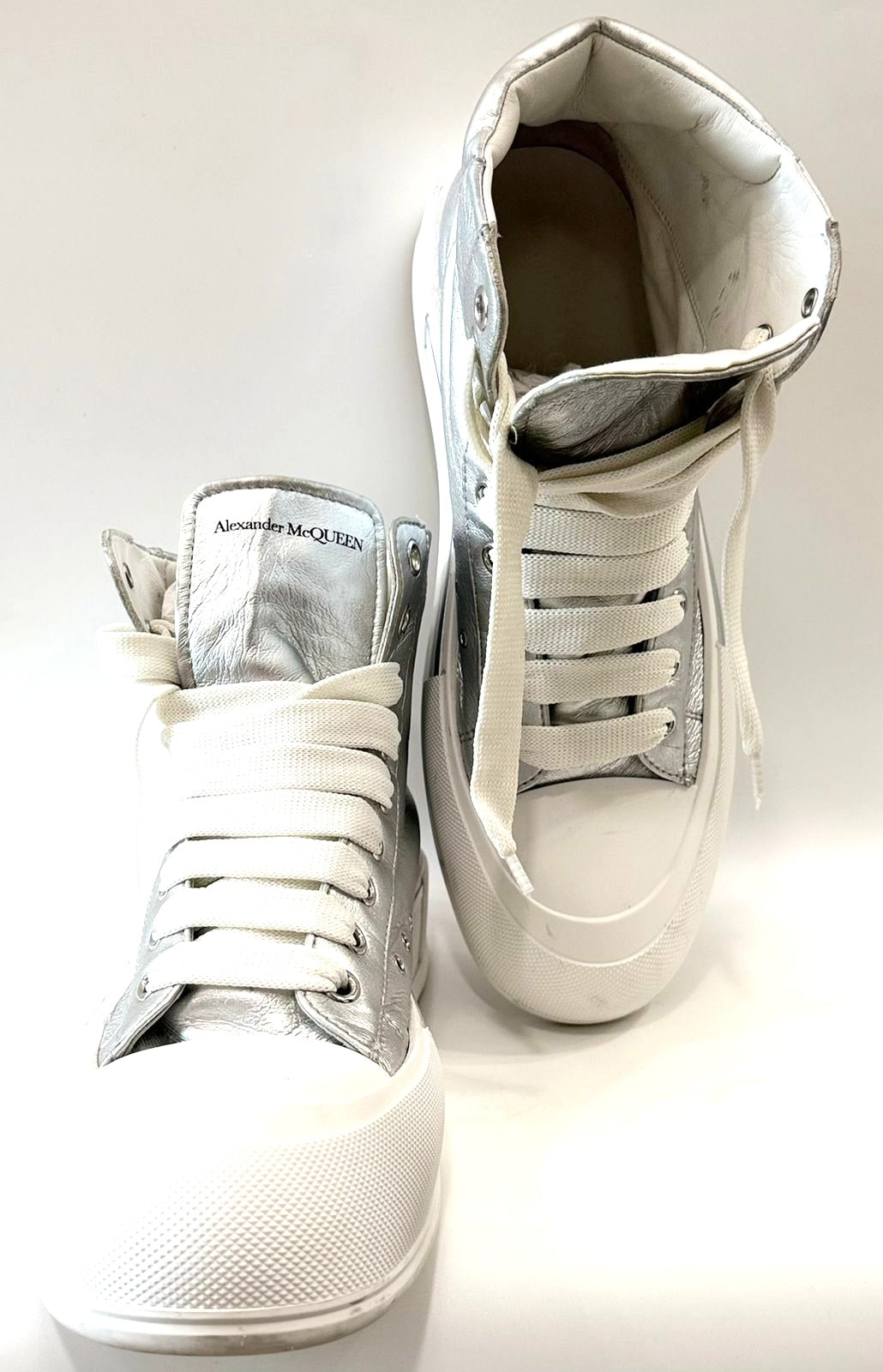 ALEXANDER MCQUEEN DECK PLIMSOLL METALLIC LEATHER HI-TOP SNEAKERS