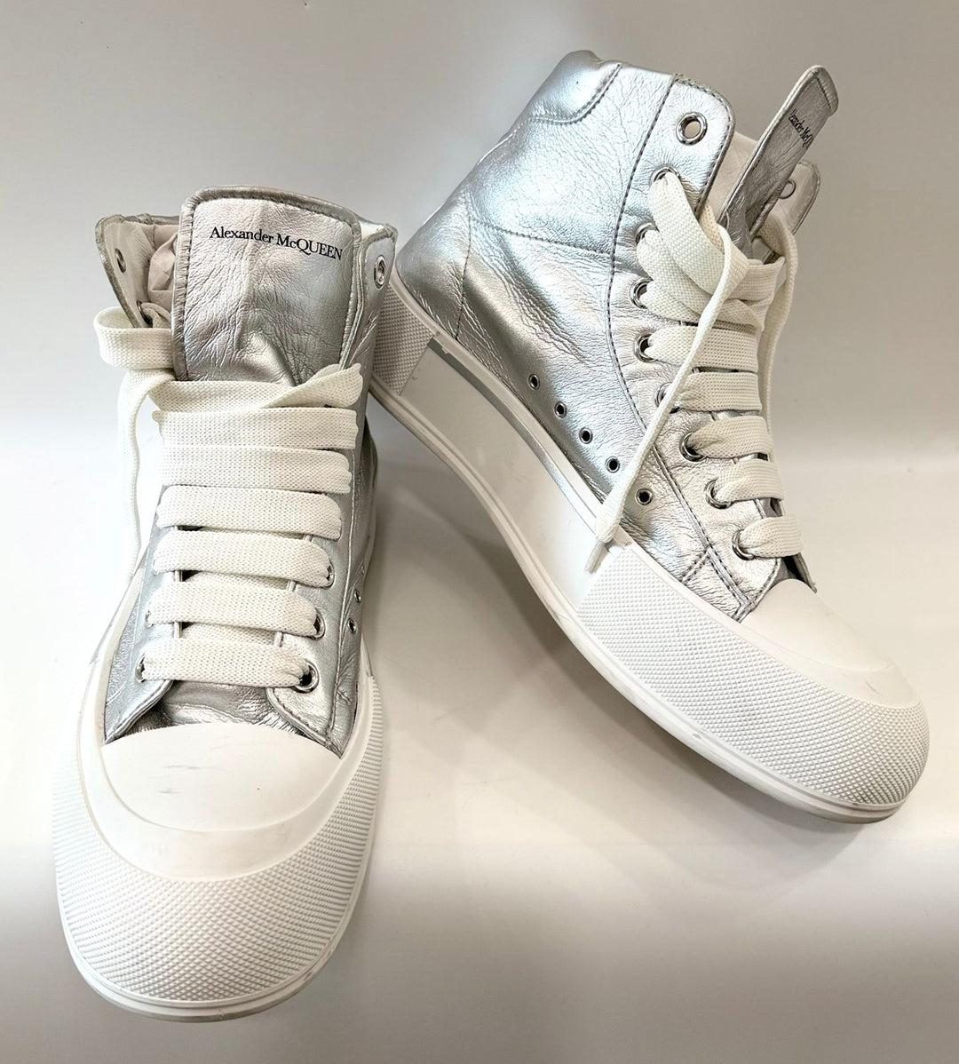 ALEXANDER MCQUEEN DECK PLIMSOLL METALLIC LEATHER HI-TOP SNEAKERS