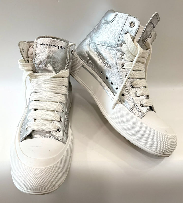 ALEXANDER MCQUEEN DECK PLIMSOLL METALLIC LEATHER HI-TOP SNEAKERS