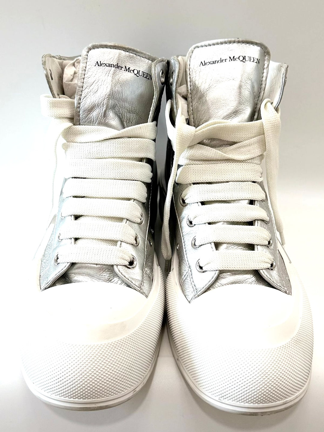 ALEXANDER MCQUEEN DECK PLIMSOLL METALLIC LEATHER HI-TOP SNEAKERS