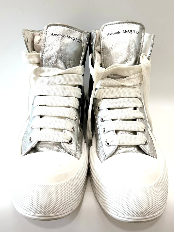 ALEXANDER MCQUEEN DECK PLIMSOLL METALLIC LEATHER HI-TOP SNEAKERS