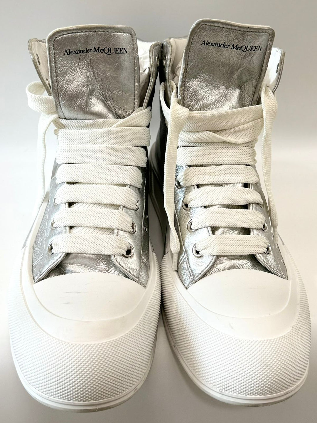 ALEXANDER MCQUEEN DECK PLIMSOLL METALLIC LEATHER HI-TOP SNEAKERS