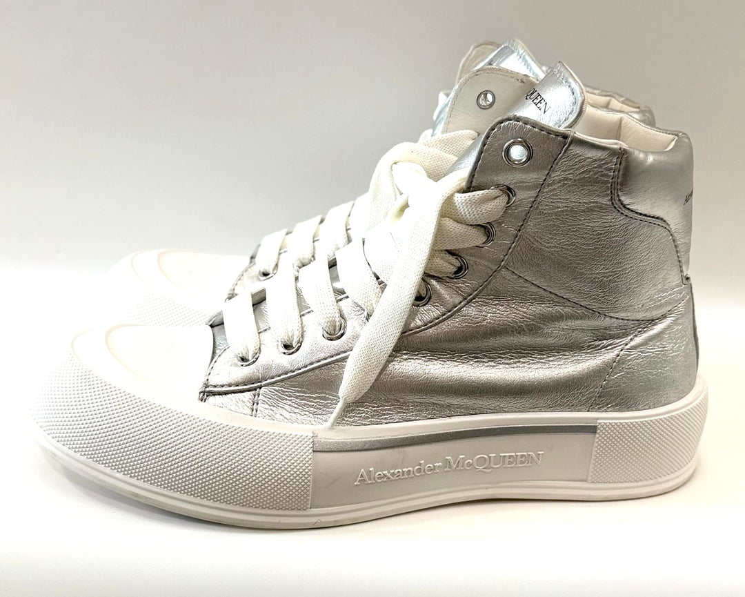 ALEXANDER MCQUEEN DECK PLIMSOLL METALLIC LEATHER HI-TOP SNEAKERS