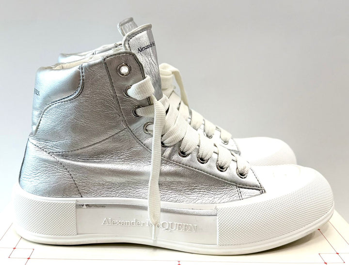 ALEXANDER MCQUEEN DECK PLIMSOLL METALLIC LEATHER HI-TOP SNEAKERS
