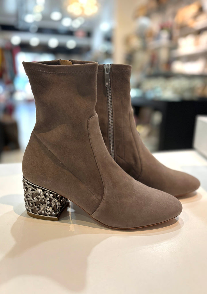 BADGLEY MISCHKA MARLI EMBELLISHED SUEDE LEATHER BOOTIES