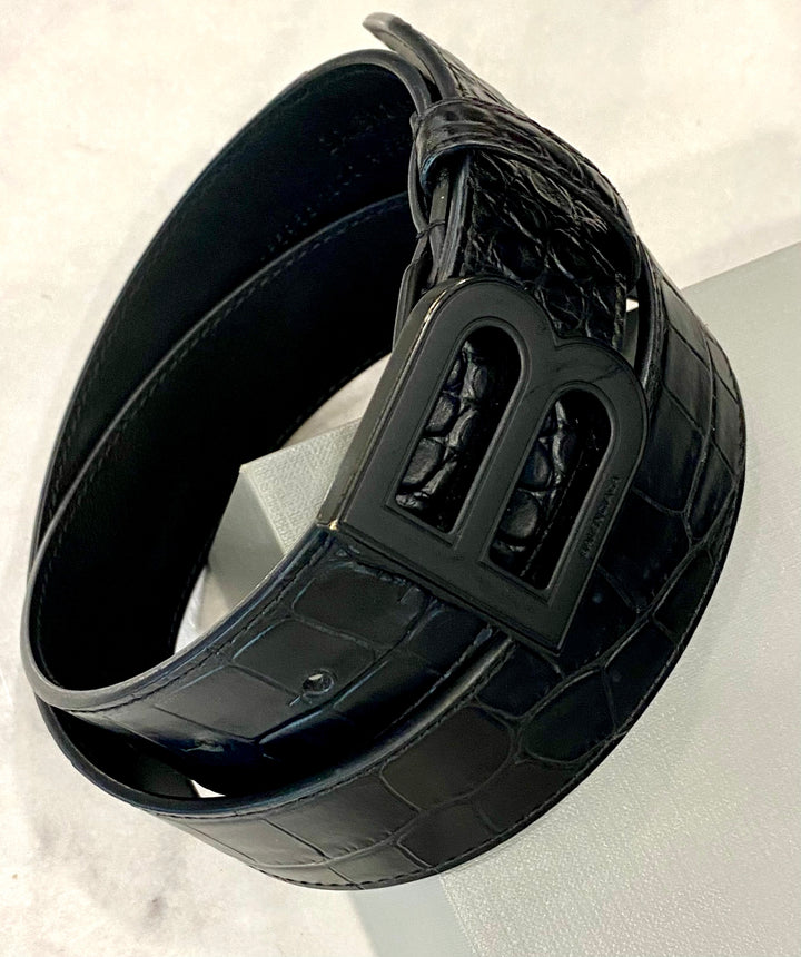 BALENCIAGA CROC EMBOSSED HOURGLASS B-LOGO LEATHER BELT