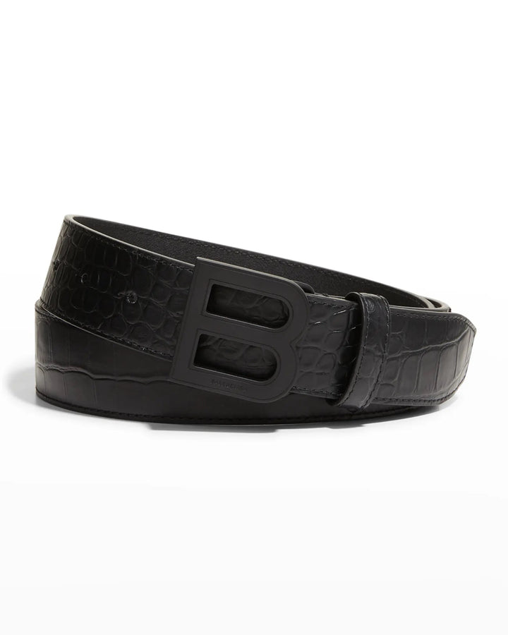 BALENCIAGA CROC EMBOSSED HOURGLASS B-LOGO LEATHER BELT