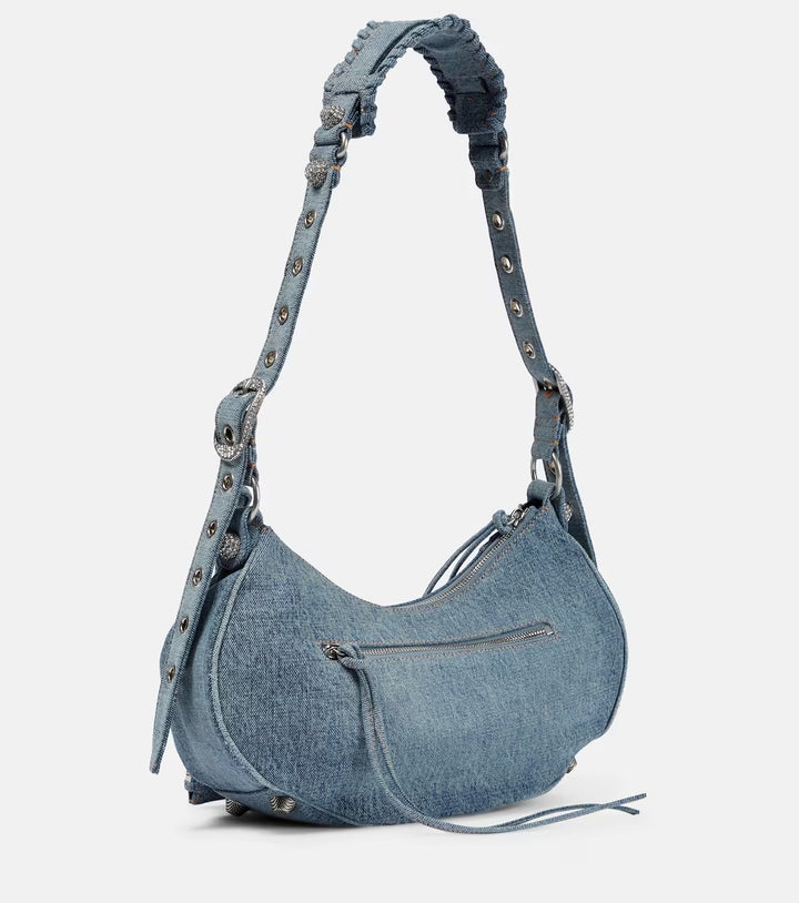 BALENCIAGA LE CAGOLE SMALL DENIM CRYSTAL SHOULDER BAG