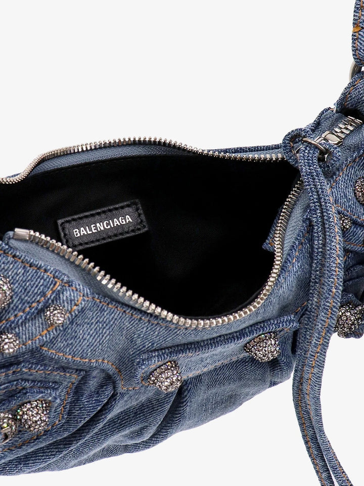 BALENCIAGA LE CAGOLE SMALL DENIM CRYSTAL SHOULDER BAG