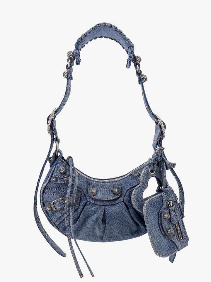 BALENCIAGA LE CAGOLE SMALL DENIM CRYSTAL SHOULDER BAG