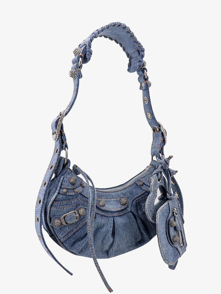 BALENCIAGA LE CAGOLE SMALL DENIM CRYSTAL SHOULDER BAG