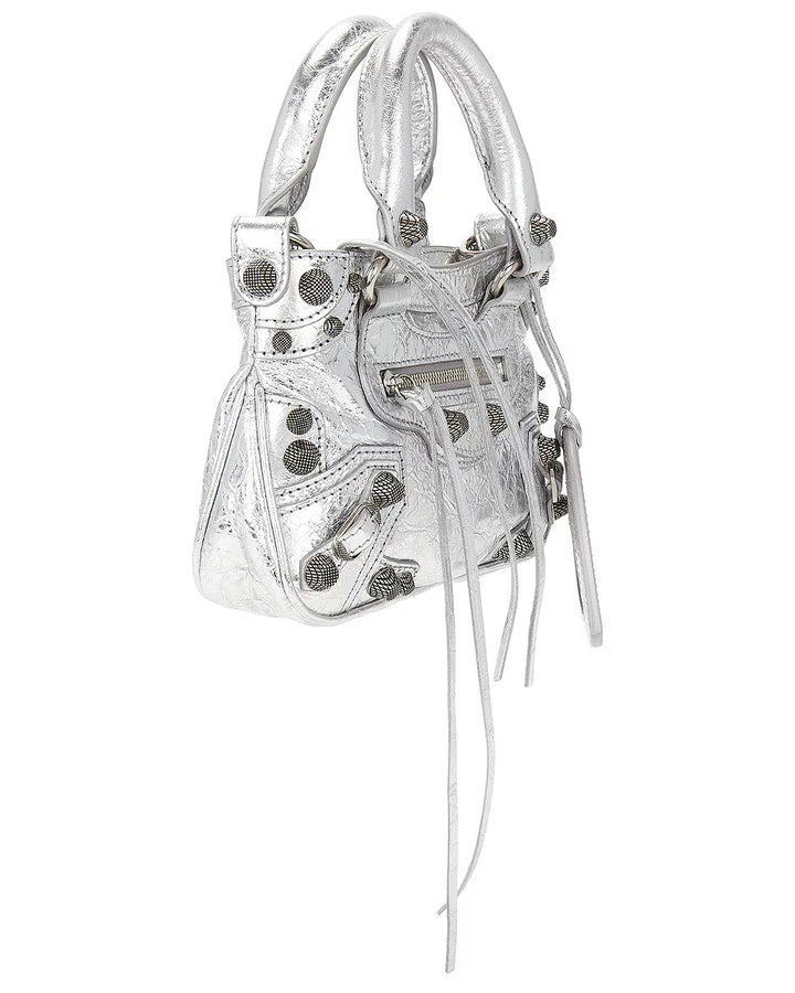 BALENCIAGA MINI NEO CAGOLE METALLIC LEATHER TOTE BAG