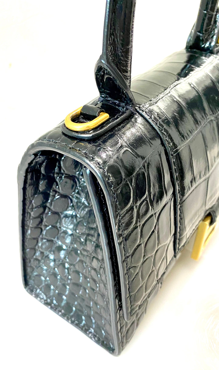 BALENCIAGA SHINY CALFSKIN CROC EMBOSSED MINI HOURGLASS BAG