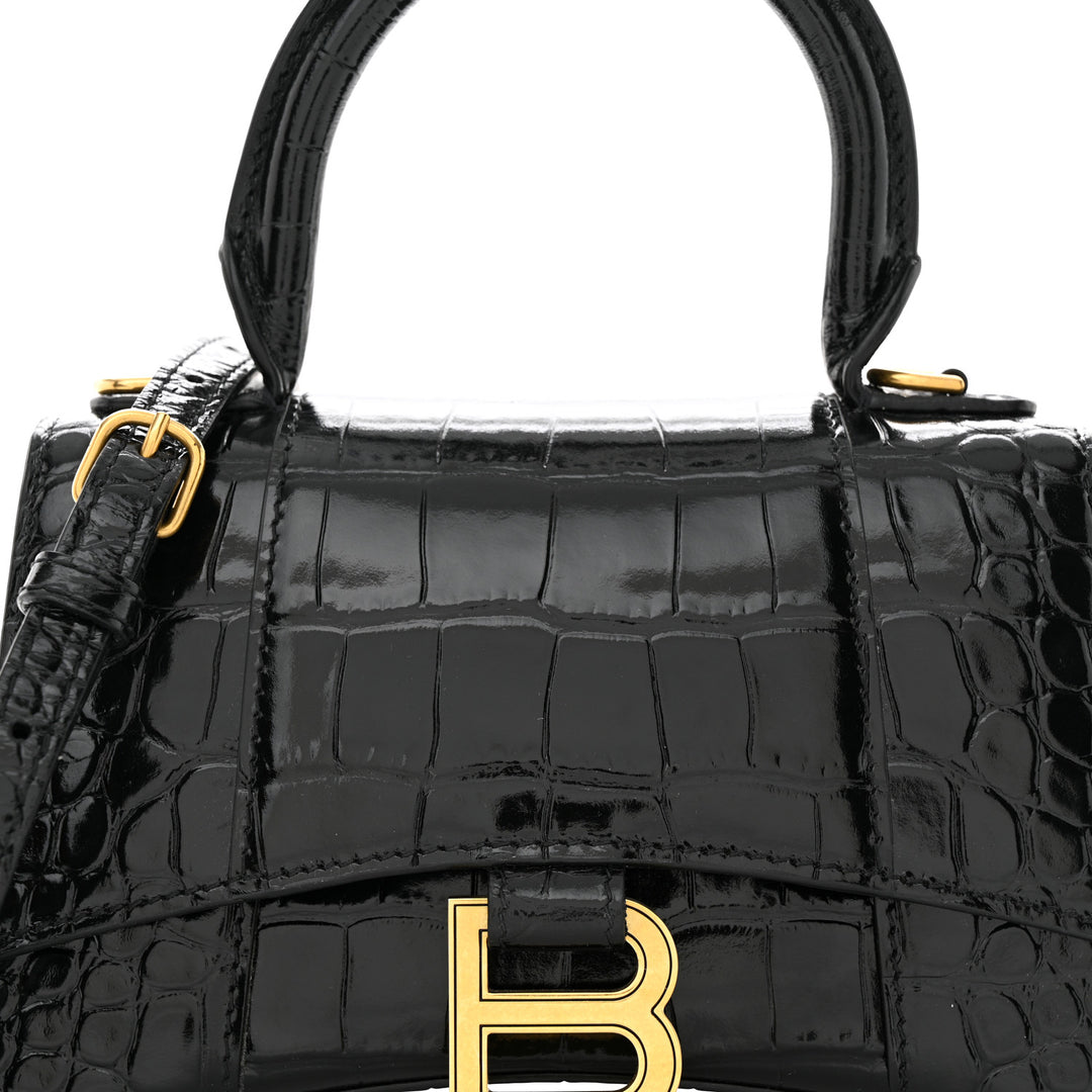 BALENCIAGA SHINY CALFSKIN CROC EMBOSSED MINI HOURGLASS BAG