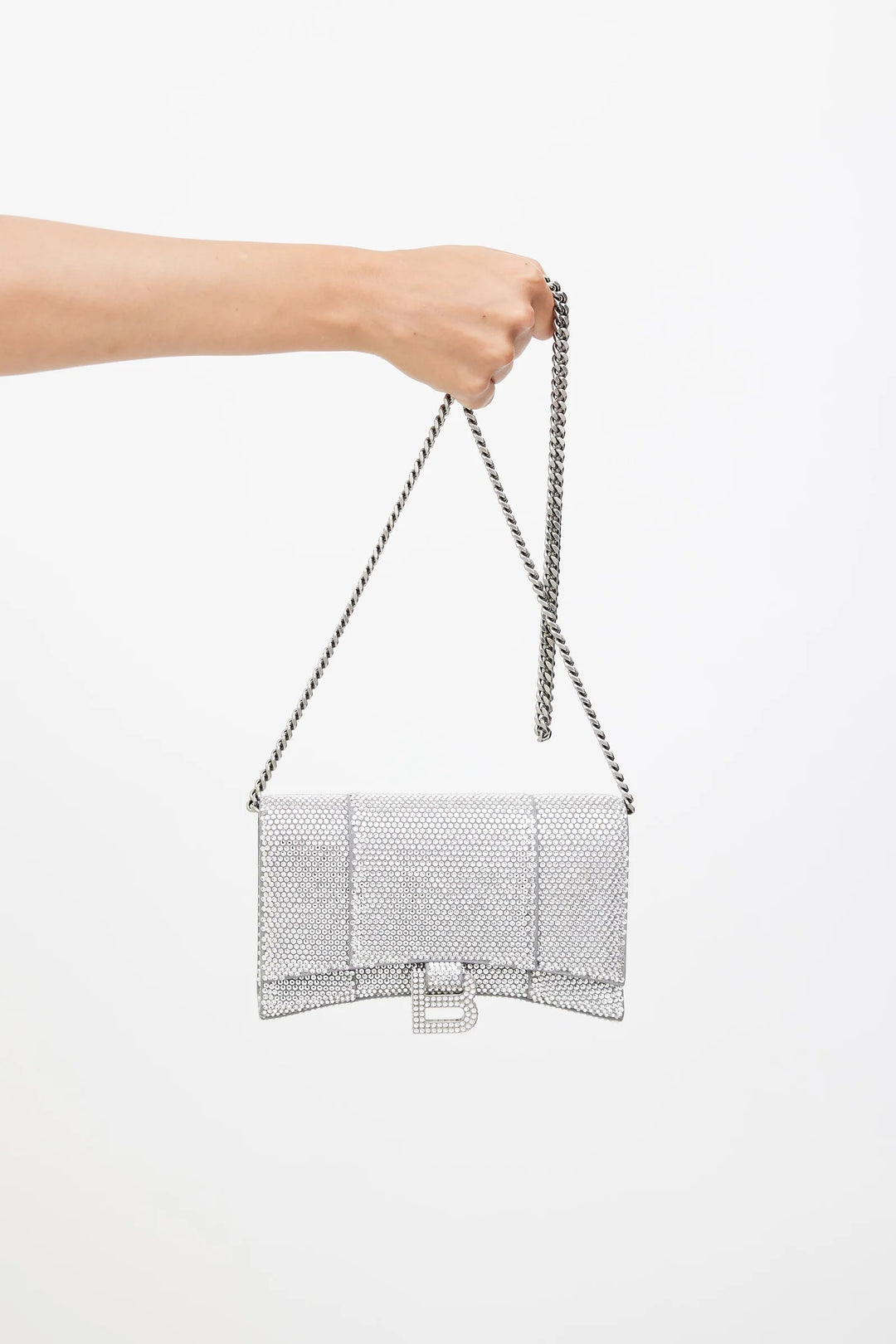 BALENCIAGA SILVER CRYSTAL HOURGLASS CROSSBODY BAG