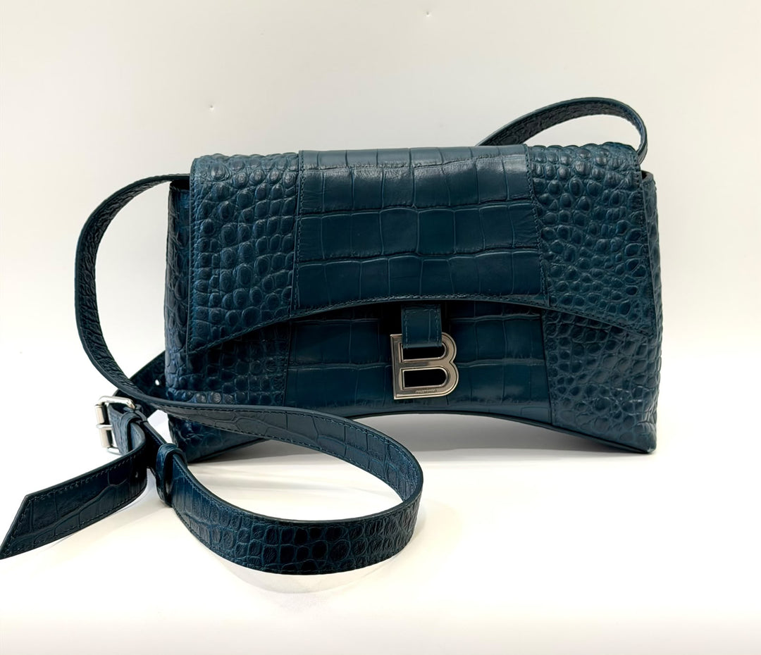 BALENCIAGA BLUE CROC EMBOSSED LEATHER HOURGLASS XS HANDBAG